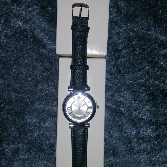 Circle Rose Gold Silver Black Leather Watch Band - Picture 6 of 8